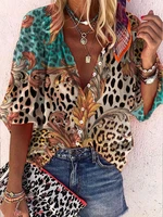 2022 summer women loose fashion tops turn down collar tee leopard print v neck 34 sleeves button up casual shirt