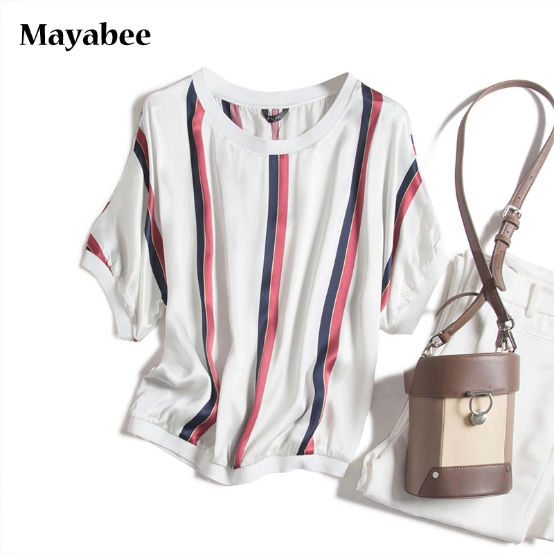 Striped Heavy Silk Drop-Shoulder Bat Sleeves Loose-Aged Middle-Sleeved Top T-shirt 2021 Spring Summer New