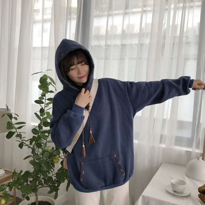 Женские толстовки с вышивкой на весну в японском стиле Kawaii пэчворк Теплые