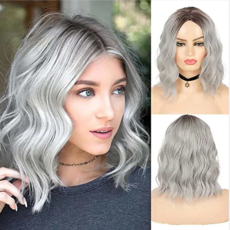 

HAIRJOY Synthetic Hair Wig Women Grey Ombre Color Short Curly Middle Part Heat Resistant Fiber