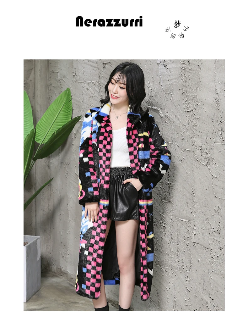 Nerazzurri Multi color women faux fur coat runway ladies long fur coats warm winter fashion designer brand luxury women clothing
