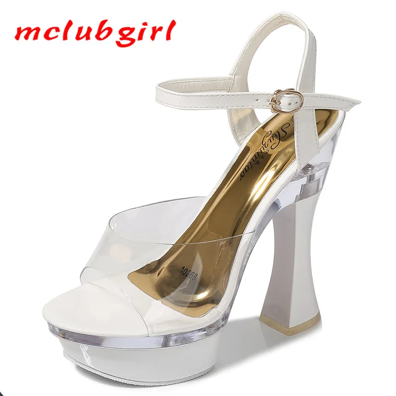 

Mclubgirl 14 cm Heels 4cm platfrom Women sandals Slipper Sexy transparent high thick heel sandals club Slippers LFD