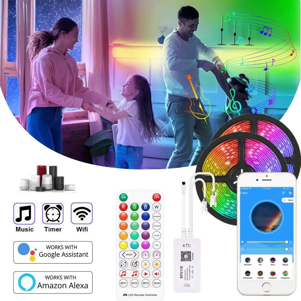 Светодиодная смарт-лента WS2811 12 В постоянного тока RGB с Wi-Fi голосовым управлением