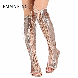 Summer Women Bling Gladiator Boots Sandals Sequined Lace Up Knee High Flat Heels Boot Women Party Dress Boots Zapatos De Mujer
