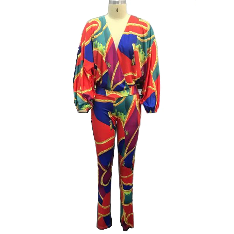 

Colorblock print plunge casual jumpsuit For Women 2019 Autumn 2019 batwing sleeve rompers womens jumpsuit combinaison femme