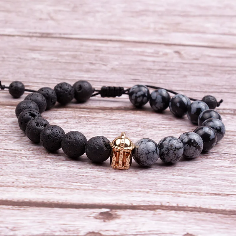 Браслет мужской из гематита с резьбой по шлему спартанского рыцаря бусина