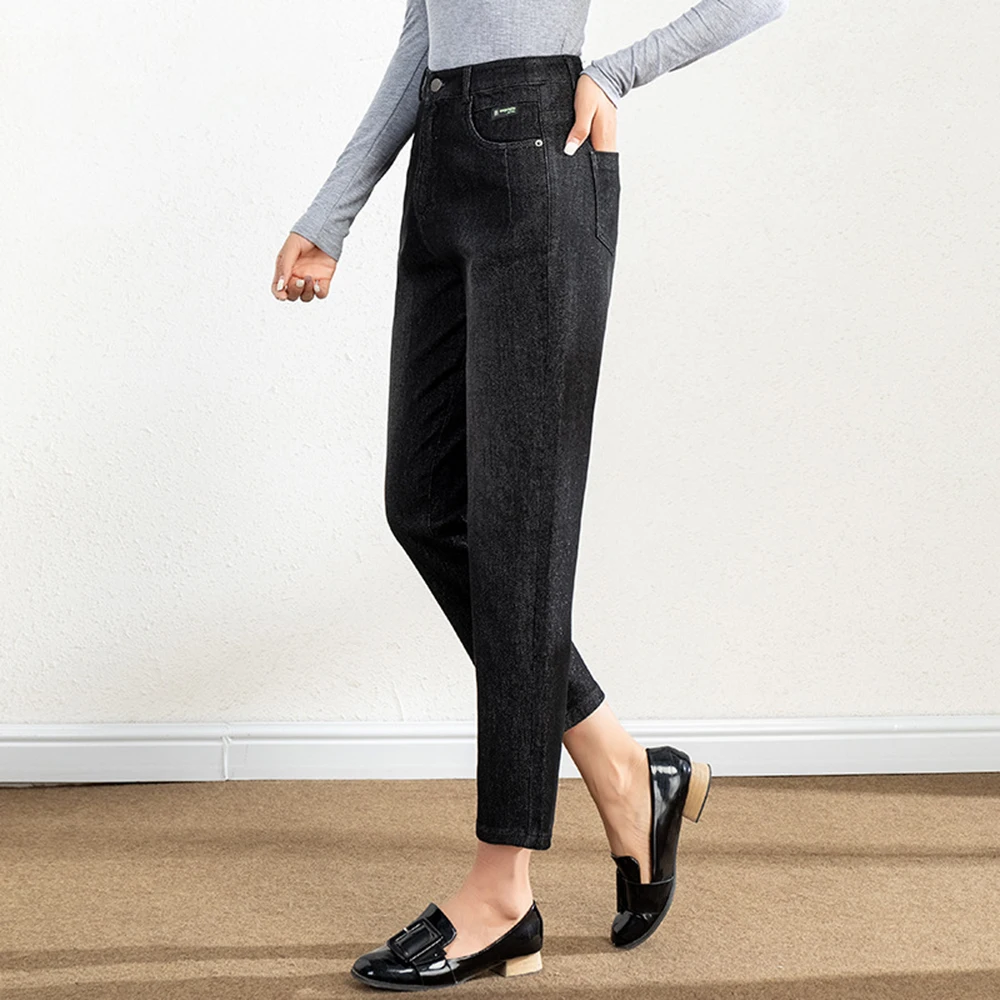 Укороченные женские джинсы с высокой талией однотонные черные свободные оптовая