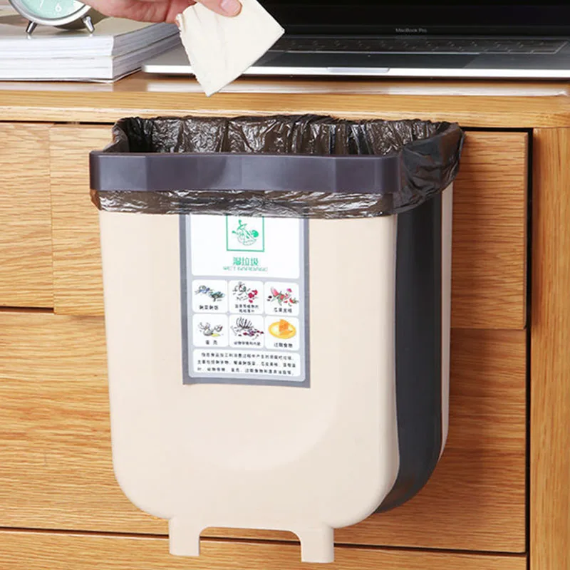 

Kitchen Trash can folding hanging household wall hanging storage bin trash bin kitchen waste hanging trash basket Recycle Bin