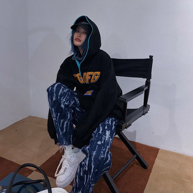 

Dark street American retro sweater women's hooded thick loose 2021 autumn and winter white plush jacket y2k tops E-girl sweater