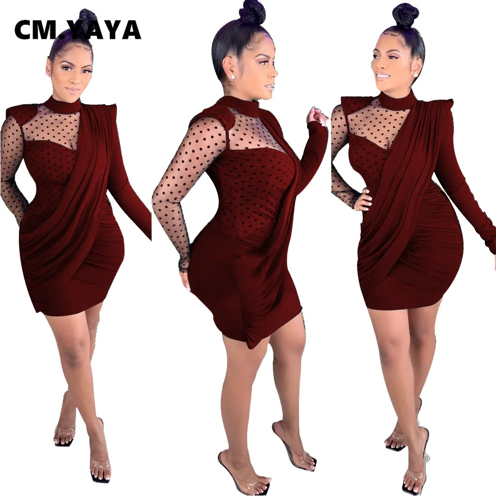 CM.YAYA Women Autumn Mesh See Though Bodycon Midi Dress Long Sleeve Pencil Bandage Drapped Sexy Party Night Club Dresses | Женская