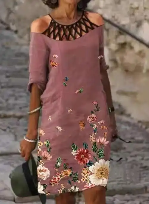 

Sexy O-neck Floral print women summer dress Elegant Half sleeve hollow out dress wrap casual beach holiday dress