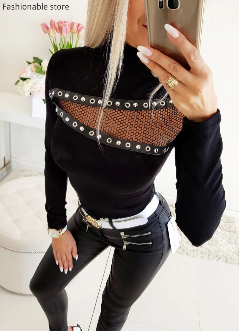 

Women Fashion Solid Color Hollow Out High Neck Long Sleeve Top