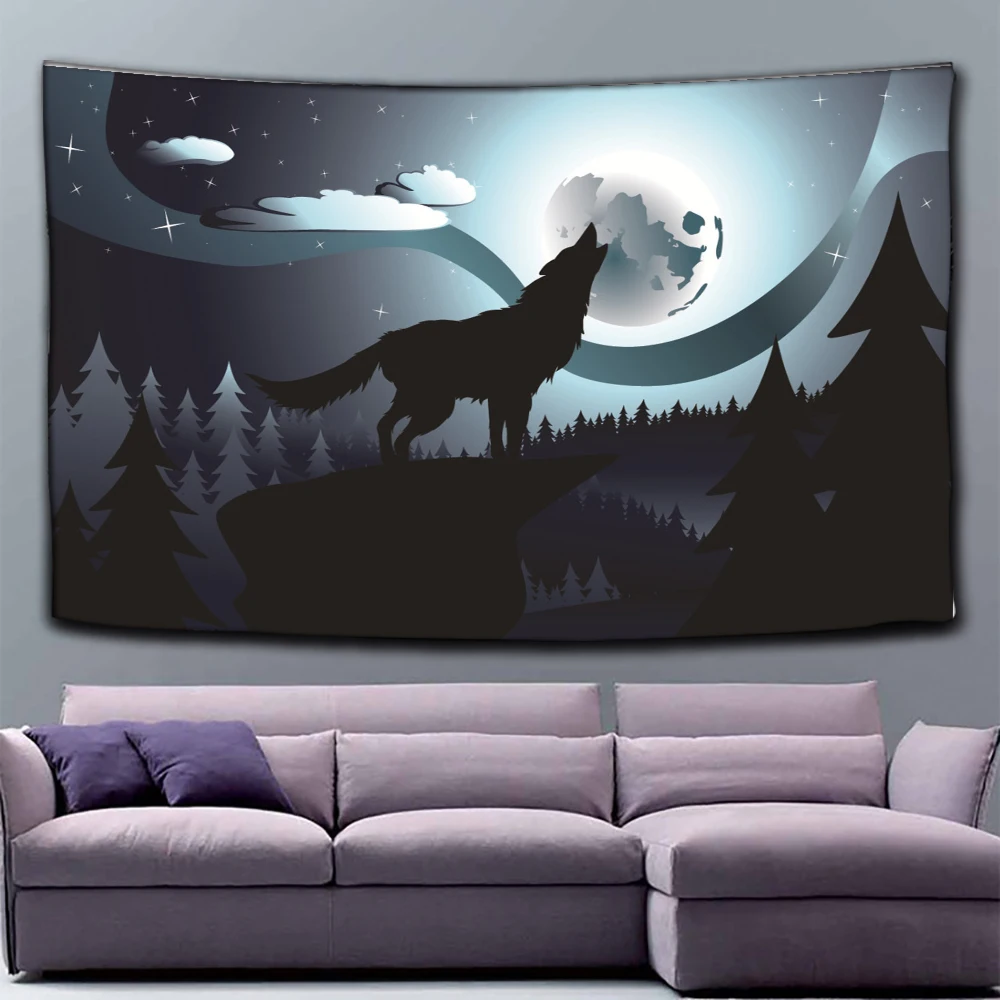 

Wolf Tapestry Background Psychedelic Wall Hanging Tribal Animal Sheets Roaring Under The Night Sky Wolf Tapestry Home Decoration