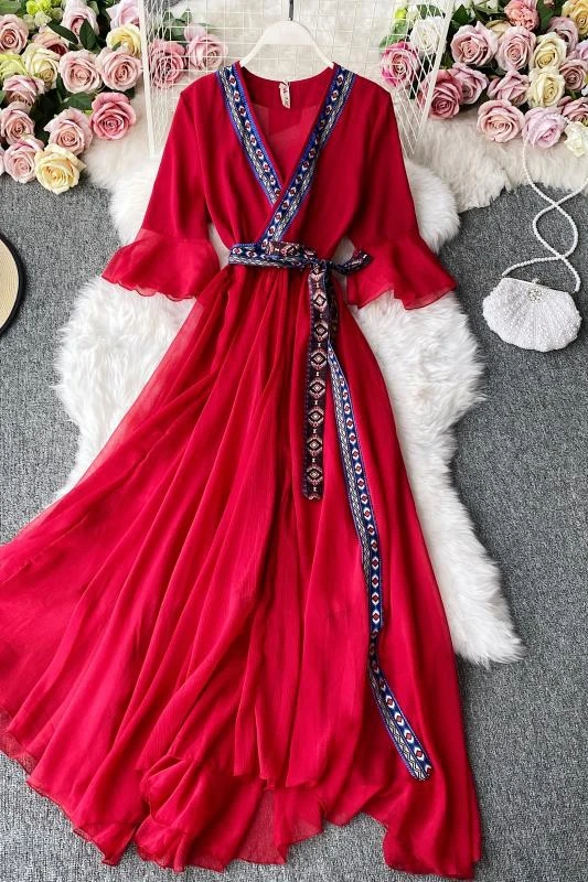

Retro High Waist red big swing floor length dress summer Bohemian sexy V-neck flare Sleeve beach dress elegant and chic Robe