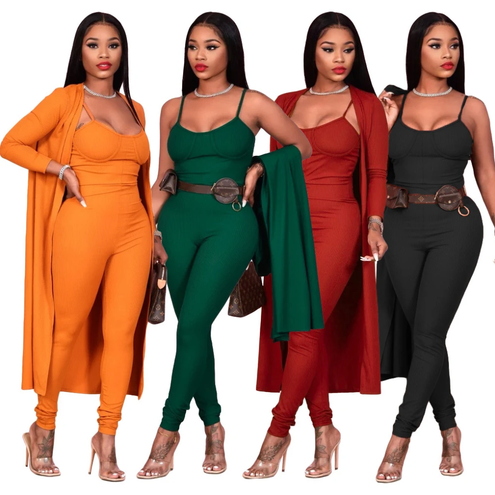 

Осенние вязаные комплекты из двух предметов Somoshein, Сексуальные Обтягивающие Комбинезоны на бретельках, Свободное пальто с длинным рукавом, ...