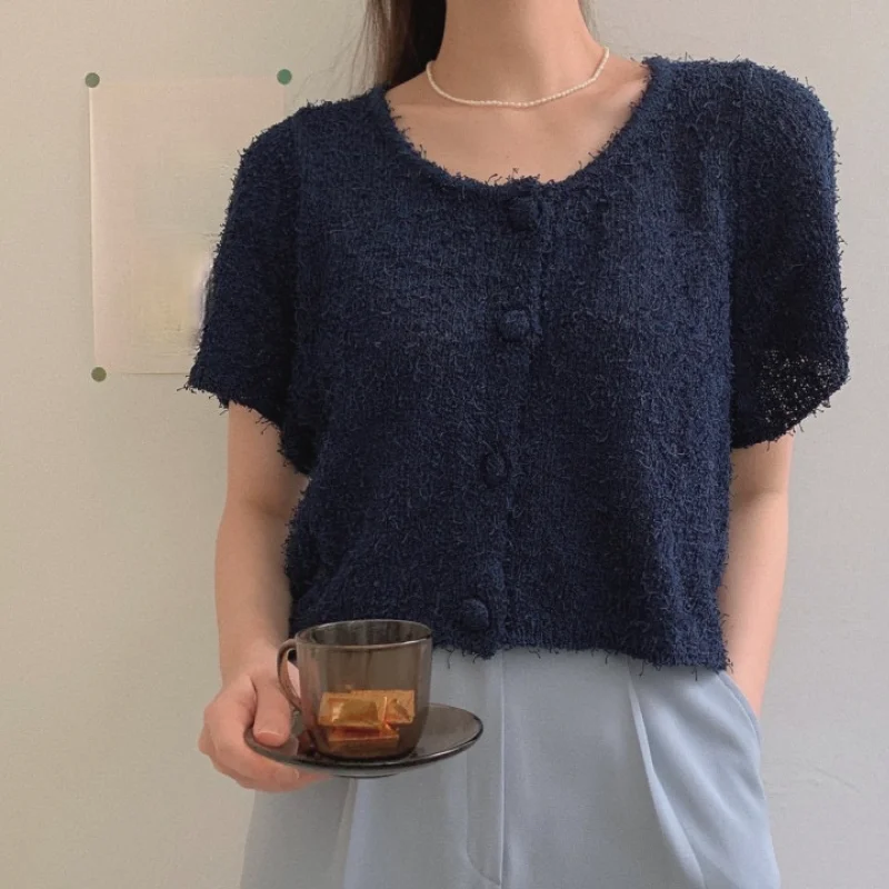 

KUSAHIKI Summer Thin Mohair Women Cardigan Tops Short Sleeve O-neck Causal Knitwear 2021 New Single Breasted Knitted Tops 6J130