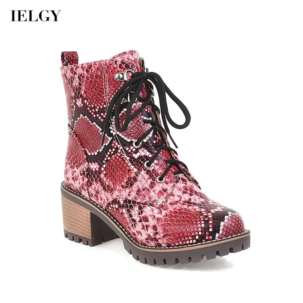 

IELGY round toe snake print Women's short boots mid heel laces large size low top non-slip casual thick