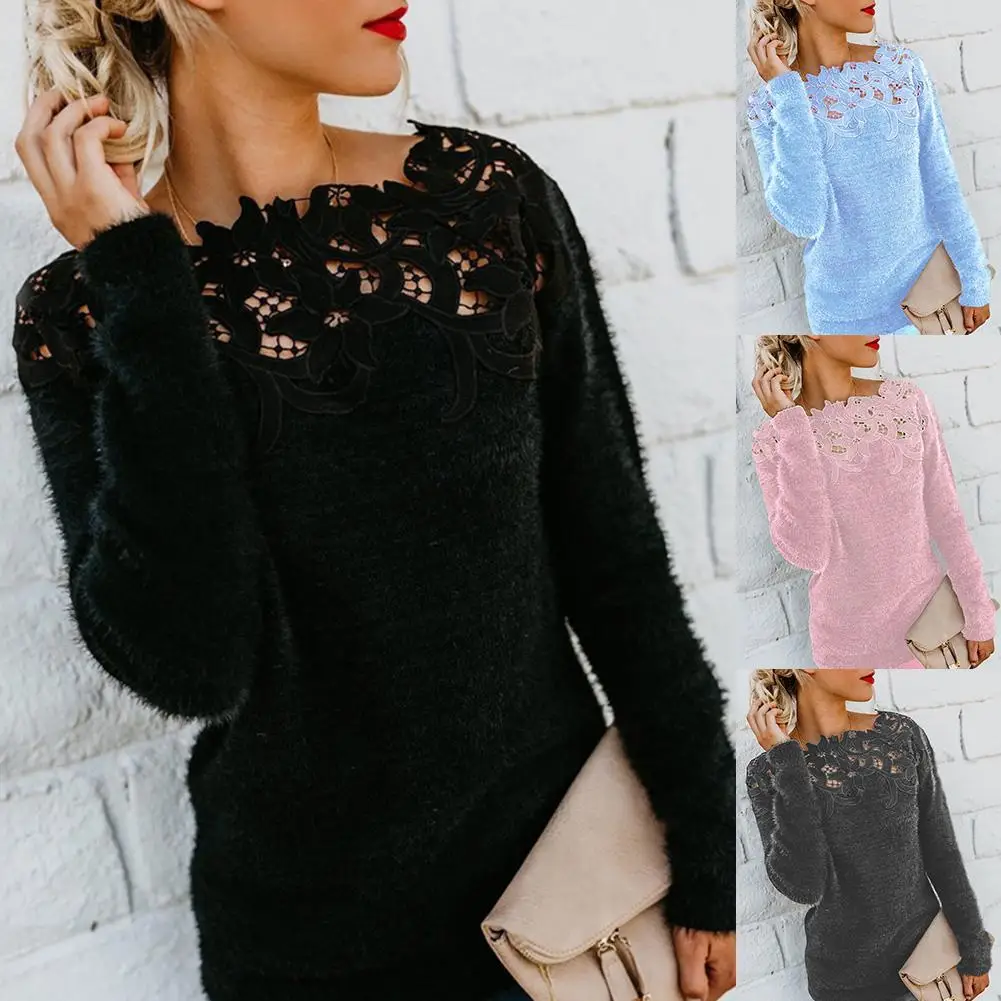 

Plus Size Sexy Women Floral Lace Long Sleeve Sweater Solid Color Jumper Top