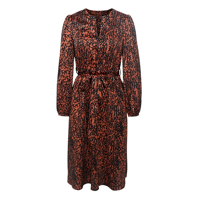 

Vintage Printed Long Sleeve Split Fork Dress Women Intellectuality Elegant Casual Loose Evening Party Ladies Midi Dress