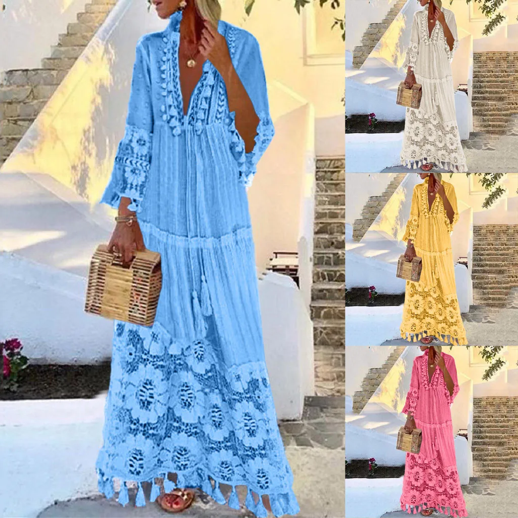 

Women Dress Fashion Autumn Casual Bohemian Large Size V-Neck Solid Color Lace Tassel Female Maxi Long Dresses M835#