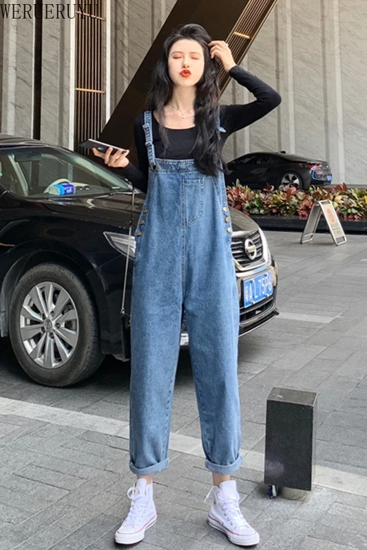 

WERUERUYU Net Red Denim Overalls Female Spring And Summer New Loose Korean Cat Claw Student Monster Cute Nine Pants