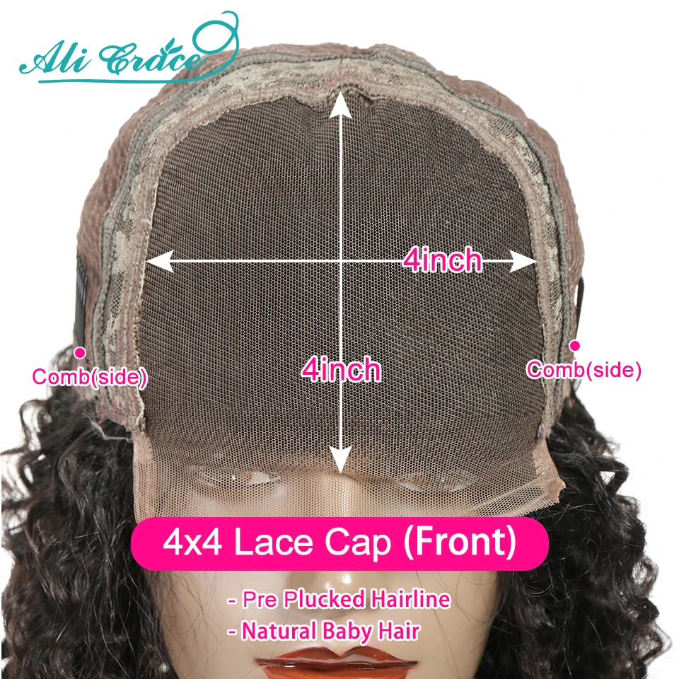 Ali Grace Deep Wave Wig Brazilian Closure with Baby Hair 4X4 Pre-plucked Lace Human Wigs for Women | Шиньоны и парики