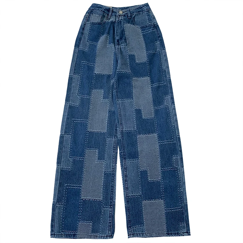 

ZAWAHIKI Vintage Fashion Jeans Woman Bright Line Patch Do Old Design Washed High Waist Loose Straight Wide Leg Pants Long Jeans