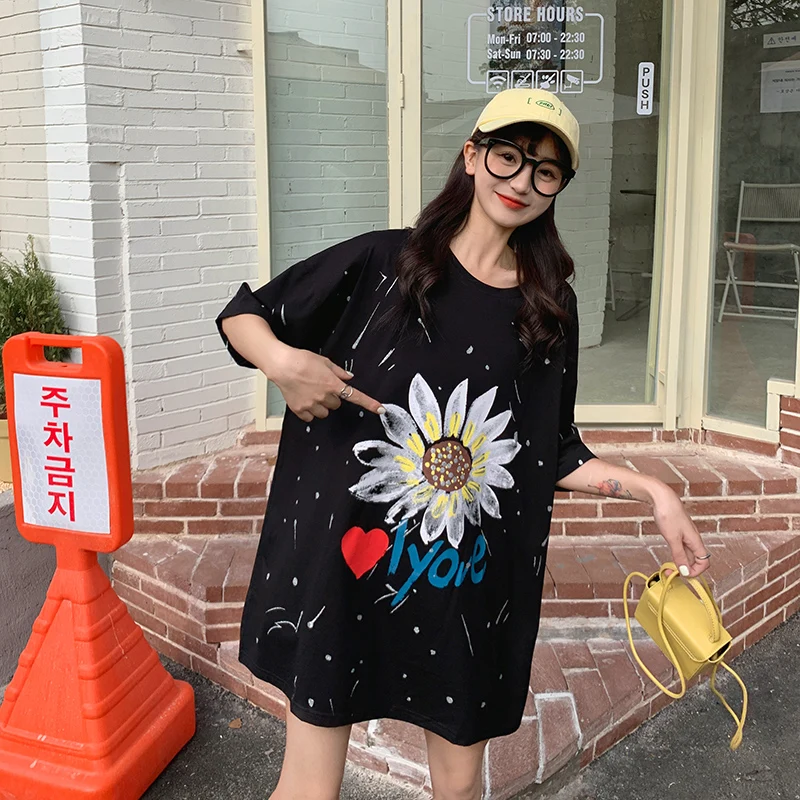 

Vefadisa Black Purple Fashion Floral Print Women T-shirt 2021 Summer Print Female Tops Plus Size Casual Short Sleeve Top QYF5482