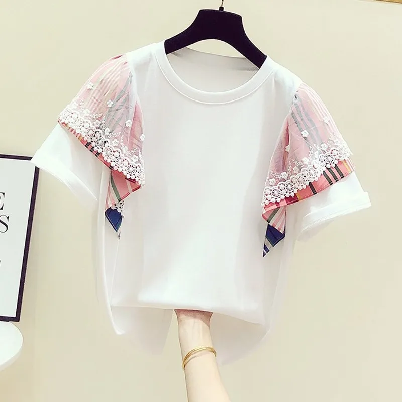 

2020 Summer New Korean Mosaic Lace Contrast Stripes Crew Neck Short Sleeve T-shirt Women's Casual Jacket Pull Shirt Student T