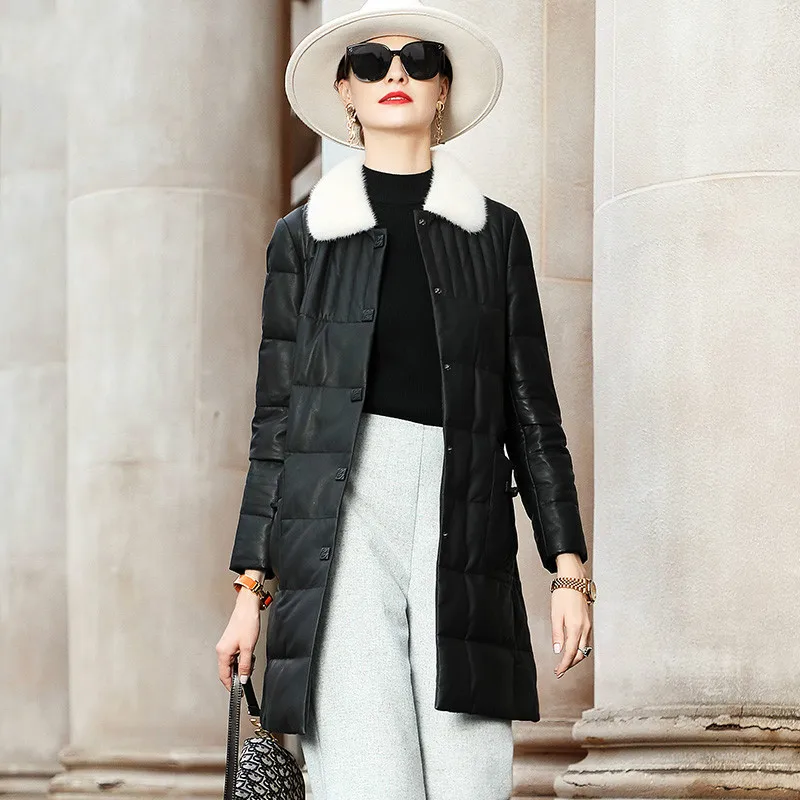 

Autumn Winter Genuine Leather Jacket Women Sheepskin Coat Female 90% White Duck Down Jackets Mink Fur Collar Femme Veste Pph2398