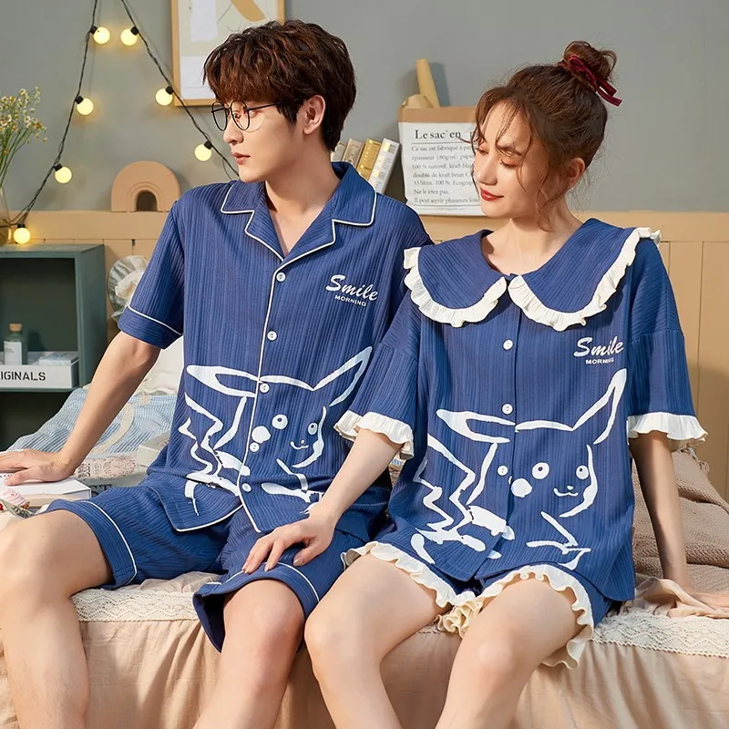

Новая летняя домашняя пижама для влюбленных, женская ночная рубашка с коротким рукавом, одежда для сна с лацканами, хлопковый кардиган, повс...