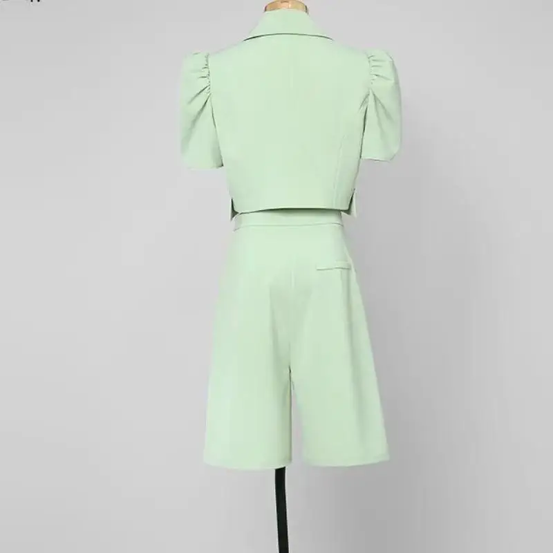 

IVY HE New Summer Women's Suit Collar Shorts Sets Fashion Moranti Light Green High Waist Retro Blazer Wide Leg Pants Two Piece
