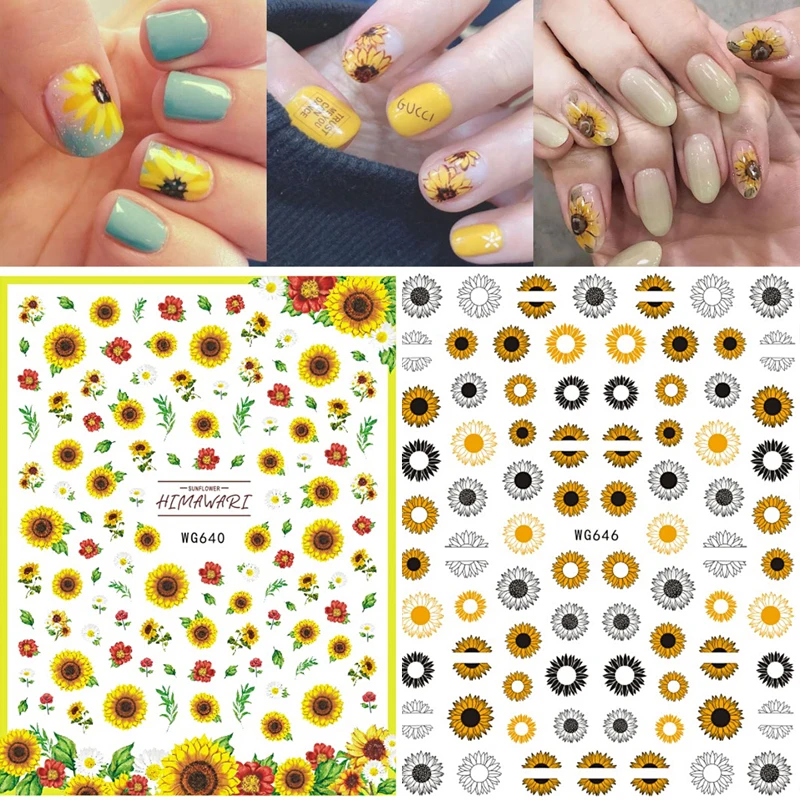 

10PCS Sun Pattern Yellow Sunflower Flower Nail Sticker 3D Adhesive Nail Slider