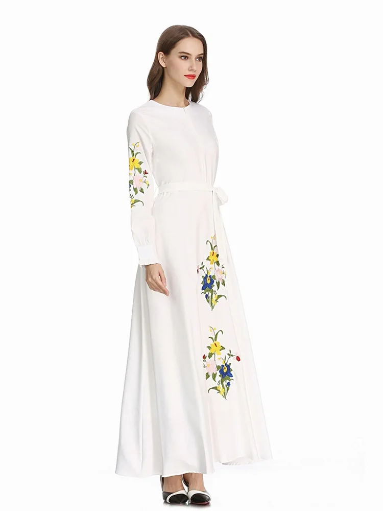 

2021 Muslim Women's Pure Color Embroidered Big Swing Temperament Slim Noble Dress Skirt Long Skirt