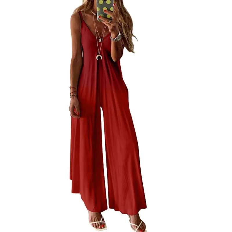 Женский слитный комбинезон с V образным вырезом и широкими штанинами| |