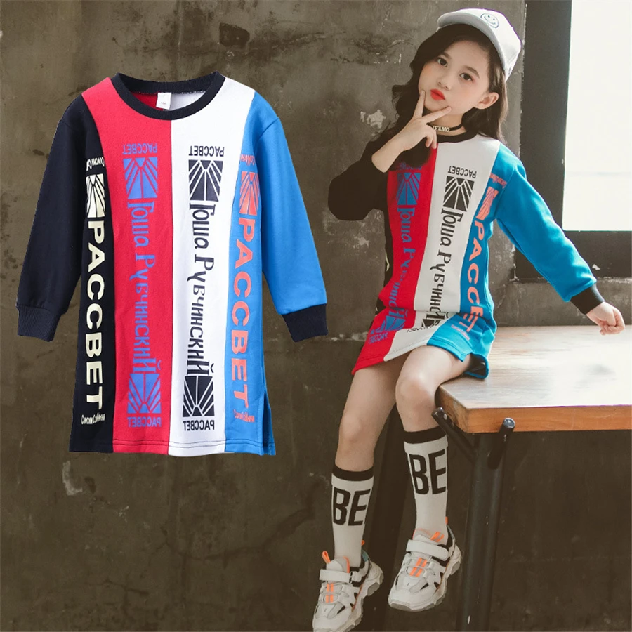 children's sweatshirt dress without hoodie fashion letter print knee length girls dresses long sleeve 4-14Y baby clothes | Детская