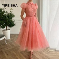 glitter hot pink short puff sleeve prom dresses shiny tulle tea length evening gown party dress for graduation
