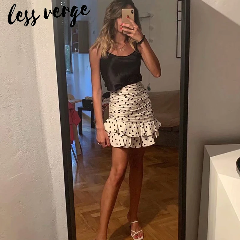 Lessverge Polka dot ruffle white asymmetrical skirt Women casual bodycon high waist skirt Autumn elegant party mini skirt bottom
