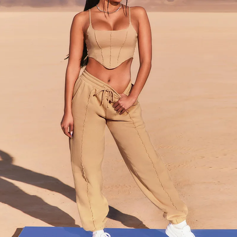 

Women's 2021 Summer Streetwear 2Pcs Clothing Set Crop Top Camisole +Drawstring High Waist Loose Long Harem Pants Outfits