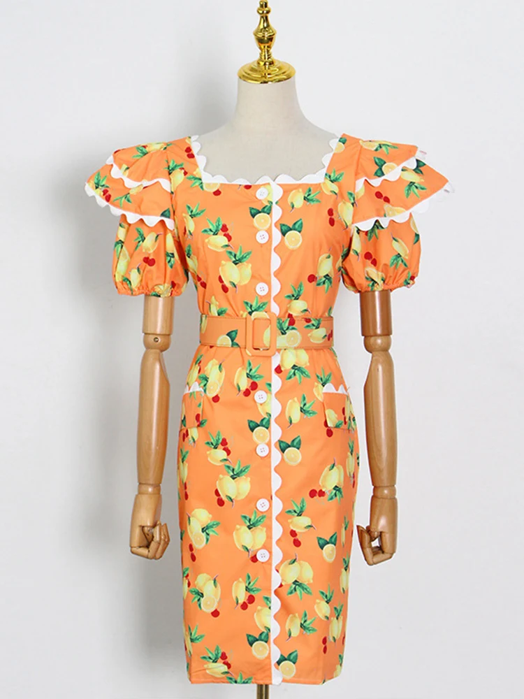 

Heavy craftsmanship applique sexy square collar retro print high waist bandage waist dress ladies summer new style hip fashion