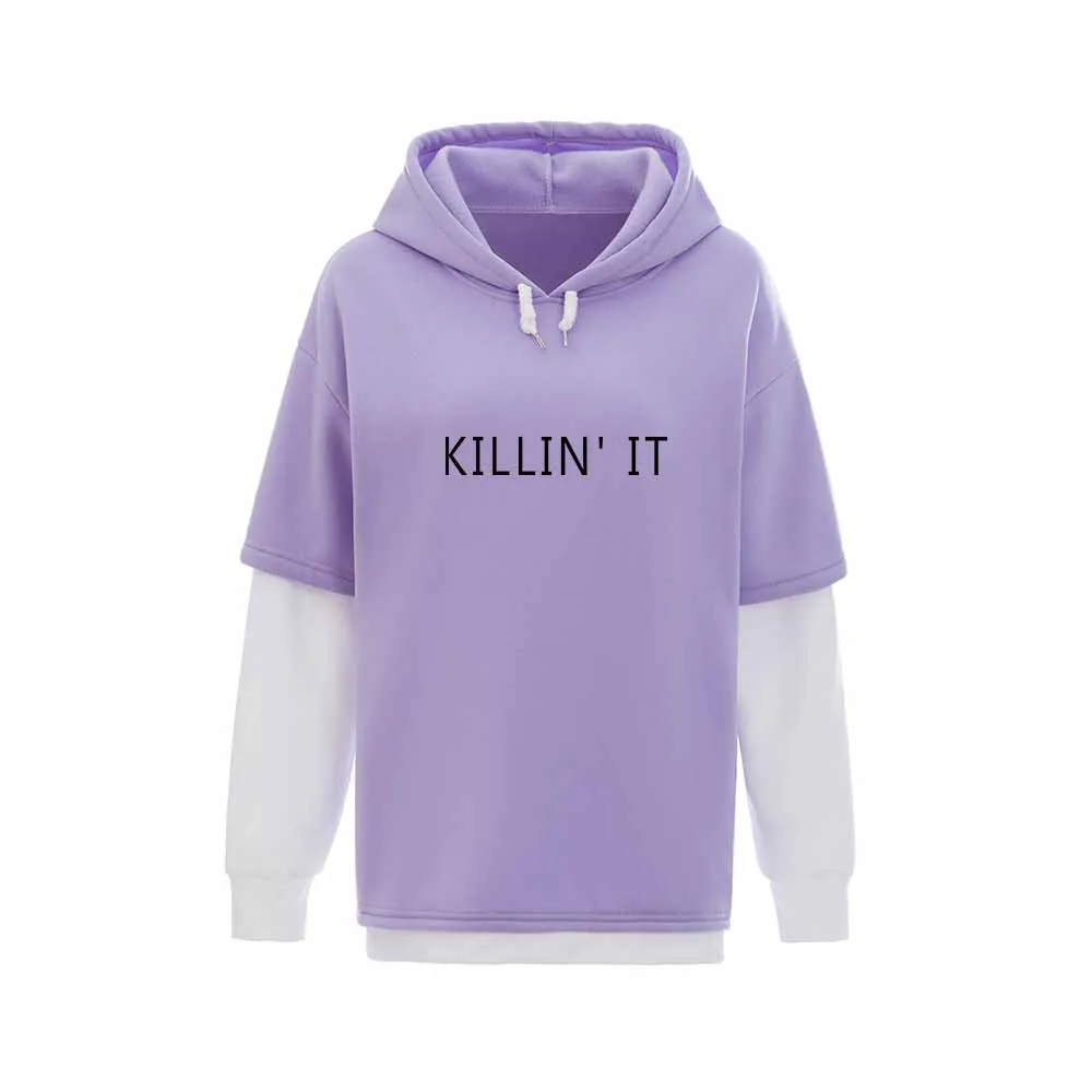 

Fake Two Piece Hoodie Letter Print Oversized Hoodie Vintage Casual Tops for Teen Women Pullover Long Sleeve Hood Warm Top