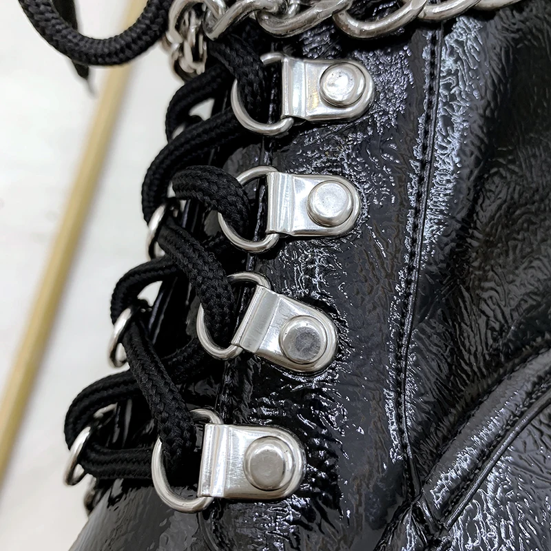 Women Ankle Boots Fashion Black Metal Chain Gothic Shoes Casual Lace Up Square Heels Platform Size 34-43 | Обувь