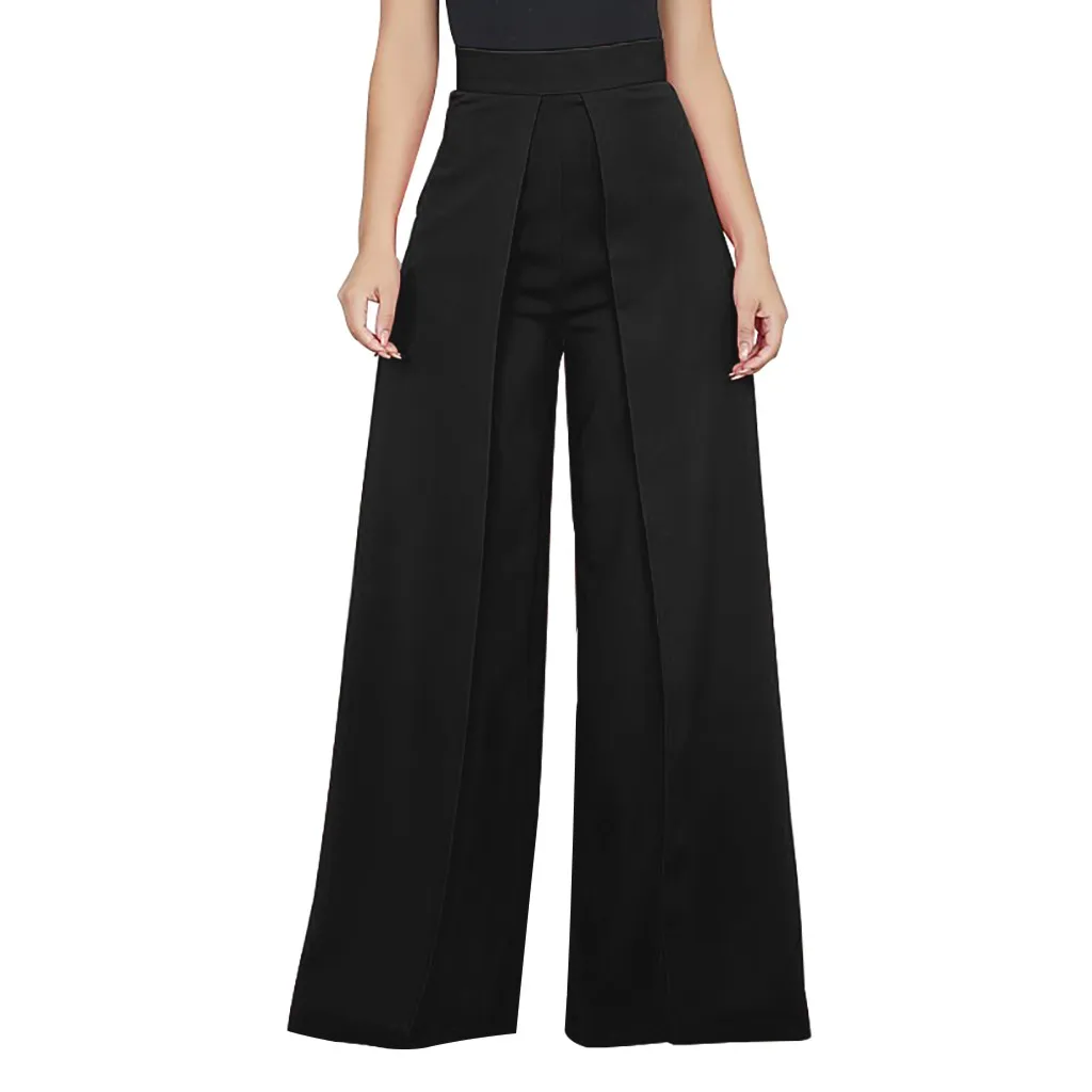 

2019 New Style Women Fashion Casual High Waist Solid Color Zipper Loose Wide Pants Long Trousers Z817