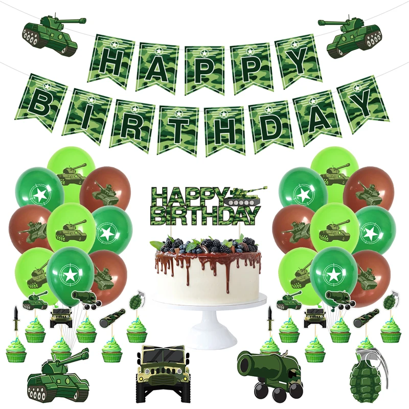 

Military Theme Set Latex balloon Army Tank Happy Brithday Banner Kids Adult Party Decor Crafts Toys Camouflage party Decortions