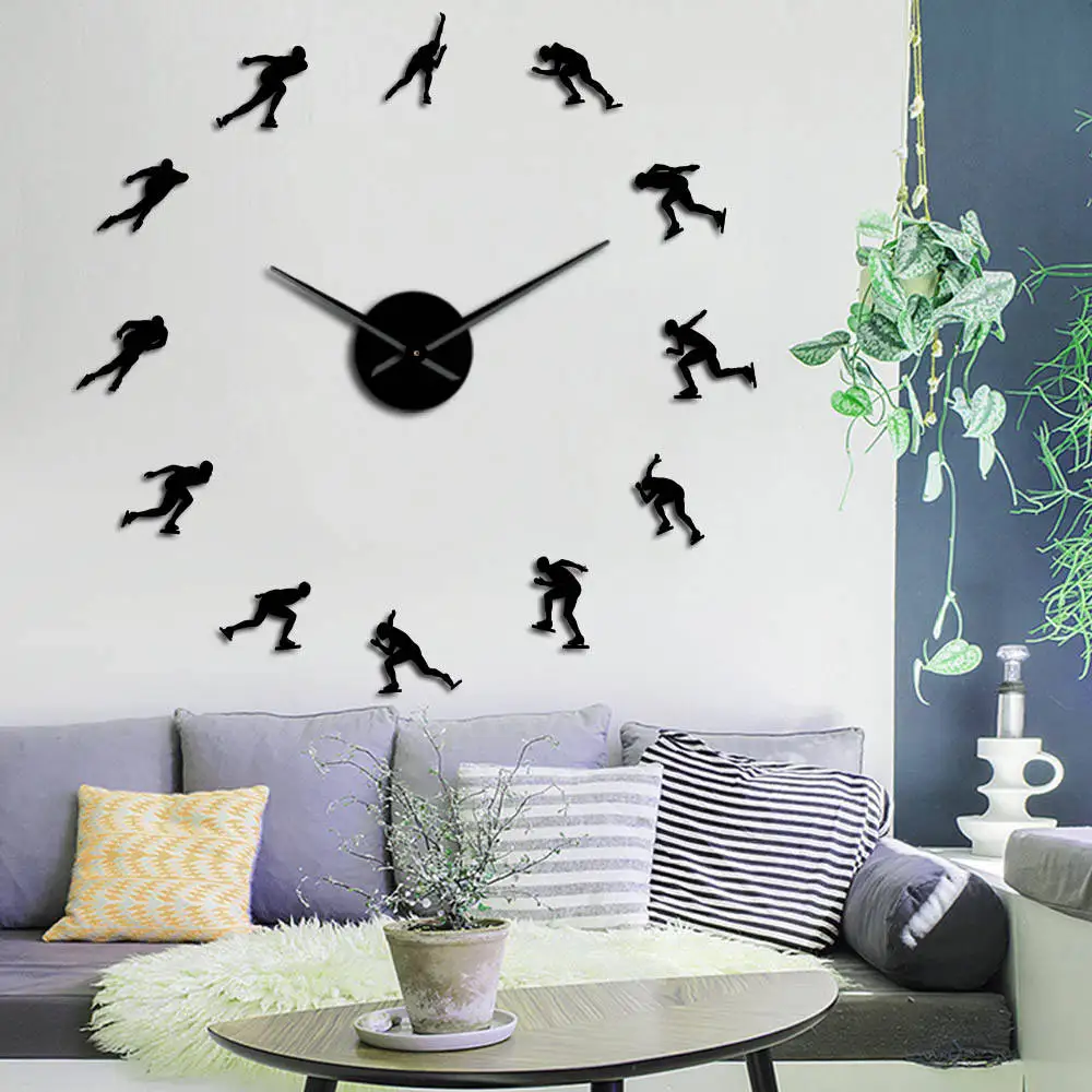

Winter Sports Ice Speed Skating Large DIY Wall Clock Ice Skate Home Decor Speed Roller Mirrors Surface Skater Wall Clock