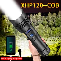 super bright led flashlights high power xhp120 with cob torch light rechargeable tactical flashlight 18650 or 26650 battery