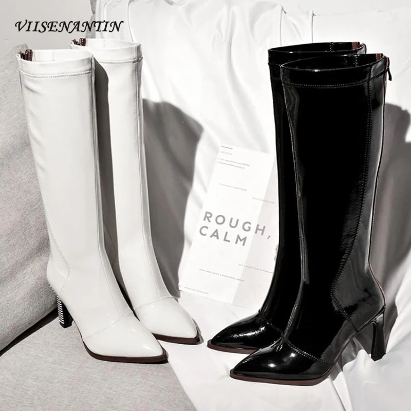 

VIISENANTIN 2020 New Autumn Winter Fashion Boots Pointed Toe Pofiled Heel Patent Leather Martin Boots Female High Boots
