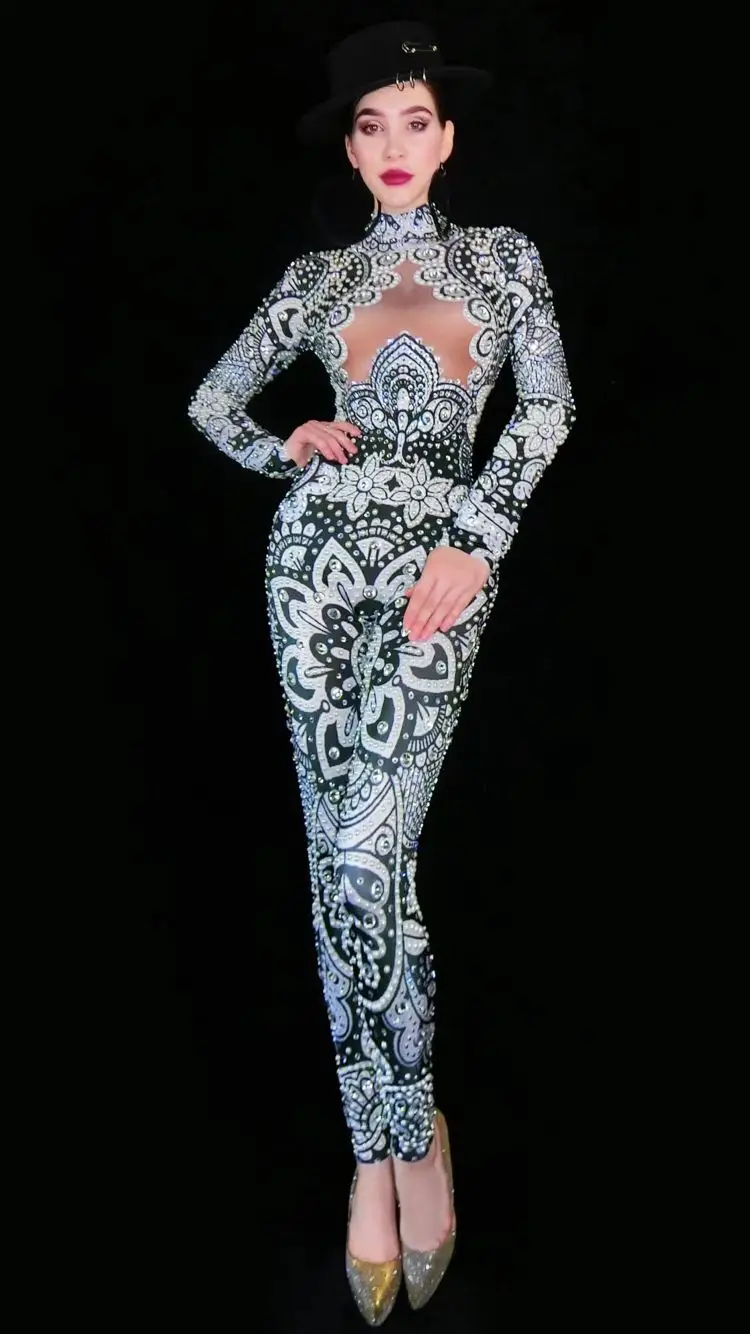 New Printed Rhinestone Pearl Jumpsuit Female Singer Dancer Spandex Leggings Birthday Prom Party Outfit Performance Show Clothes