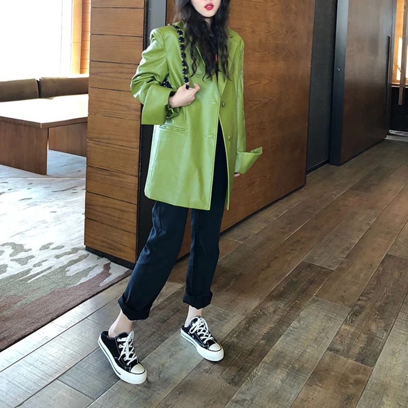 Korea loose version of solid color pu leather jacket new lapel long-sleeved women's coat fashion trend spring 2021 leather jacke