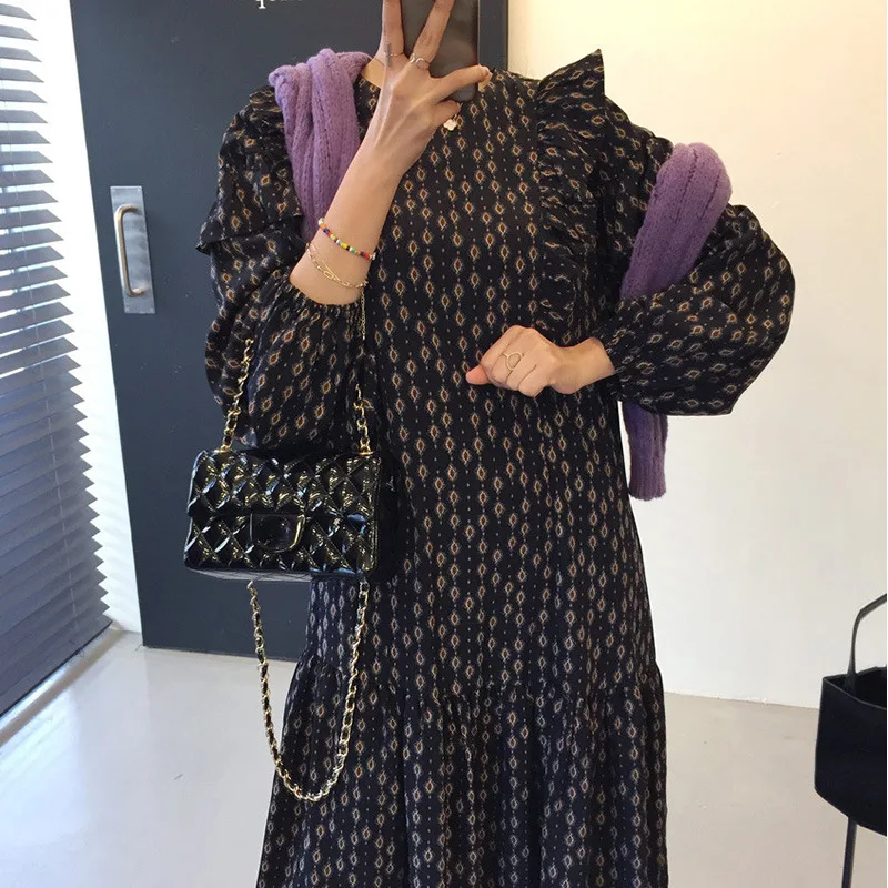 

Fashion Casual Lantern Sleeve Women Autumn Dress 2021 New Big Girls Geometry Dresses Women's Clothes,#1008